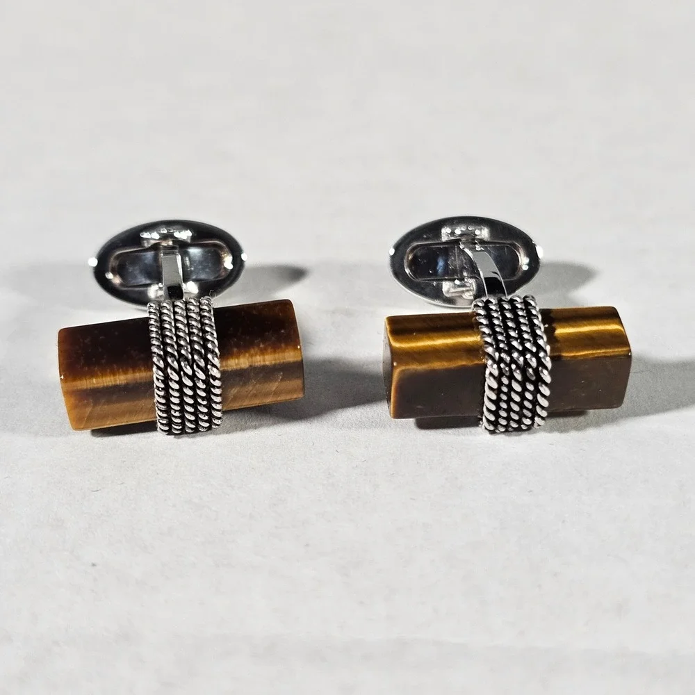 Jan Leslie Cufflinks Mens OS Brown Tigers Eye Sterling Silver 925 Rope Detail
